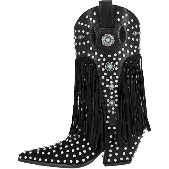 Fringe Rhinestone Embellishments Mid Calf Cowgirl Boots Turquoise Flower - Picture 1 of 6
